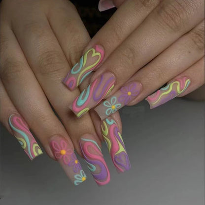 24 Long Coffins, Three-dimensional Rainbow Lines, Creative Love Patterns, Frosted Fake Nails&1 Nail File and 1 Tape