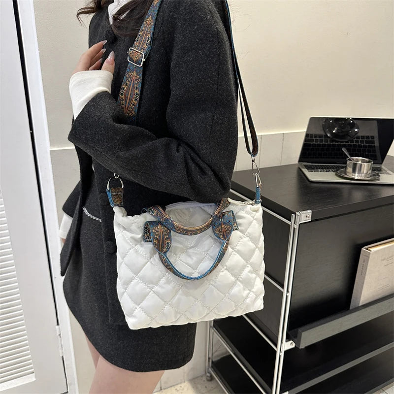 Lingge Quilted Padded Large Tote Nylon Women Handbags