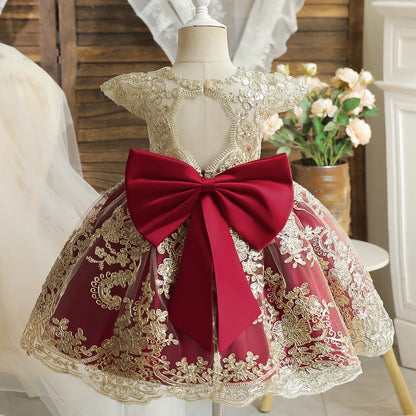 Embroidery Elegant Kids Princess Dresses for Girls Luxury Golden Lace Vintage Children Festival Party Gown Baby Baptism Vestidos