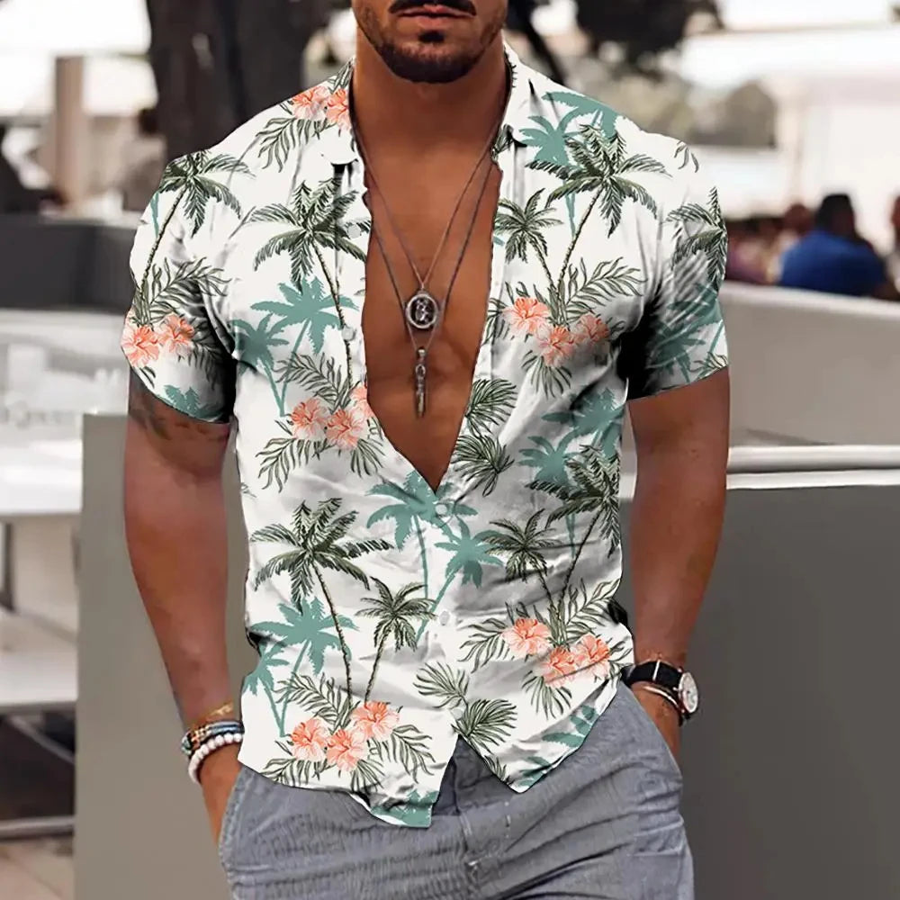 Men Hawaiian Shirt Coconut Tree Print Aloha Shirt Collar Button Short Sleeve Male Clothes Beach Casual Vacation Blouse Tops