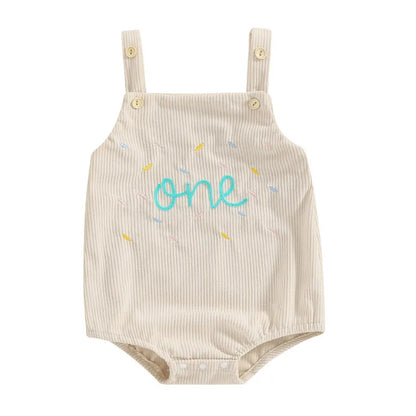 Baby First Birthday Romper, Sleeveless Button Closure Letters Bodysuit Casual Overalls for Girls Boys