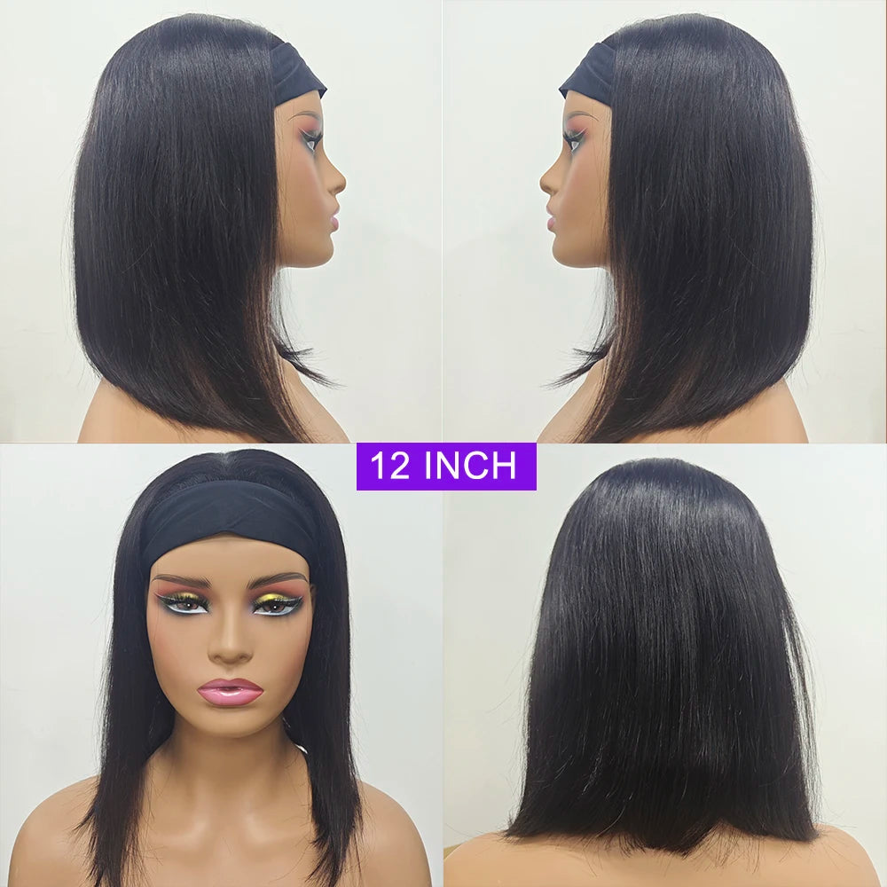 Short Bob Headband Wigs 210% Density Brazilian Human Hair Wig 12 inch Bob Wig Human Hair For Daily Use High Quality Wig No Glue