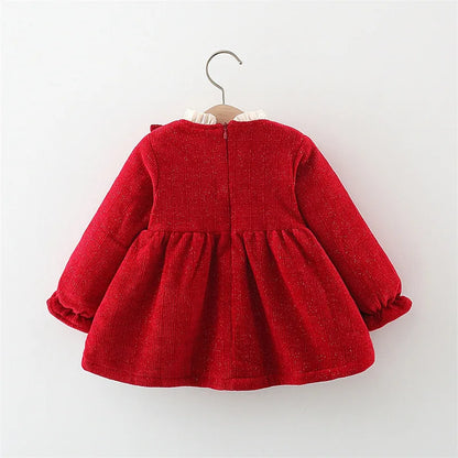 Winter Newborn Girls Clothes Korean Fashion Bow Cute Fleece Warm Thick Long Sleeve Red Baby Dress