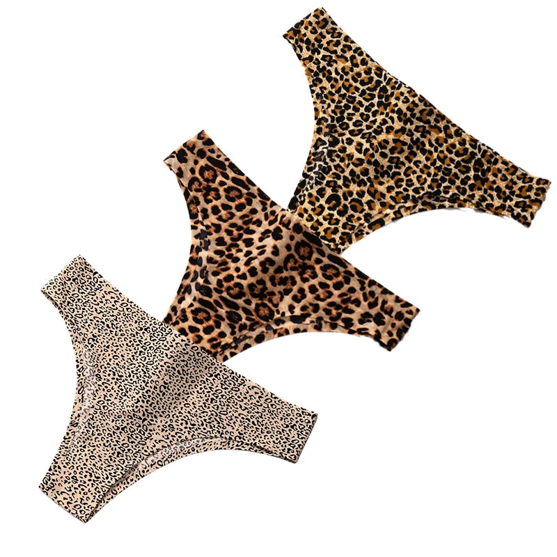 Giczi 3PCS/Set Women's Panties Fashion Leopard Bikini Sexy Thongs Seamless Underwear Silk Satin Lingerie Sport Fitness G-Strings