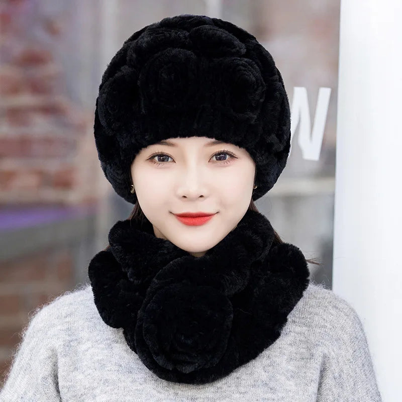 2025 Hot Sale Women Winter Fur Hat Scarf Sets Natural Warm Real Rex Rabbit Fur Cap Scarves Lady Knitted Genuine Fur Hats Muffler