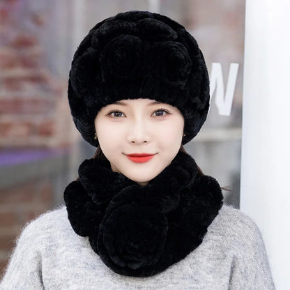 2025 Hot Sale Women Winter Fur Hat Scarf Sets Natural Warm Real Rex Rabbit Fur Cap Scarves Lady Knitted Genuine Fur Hats Muffler