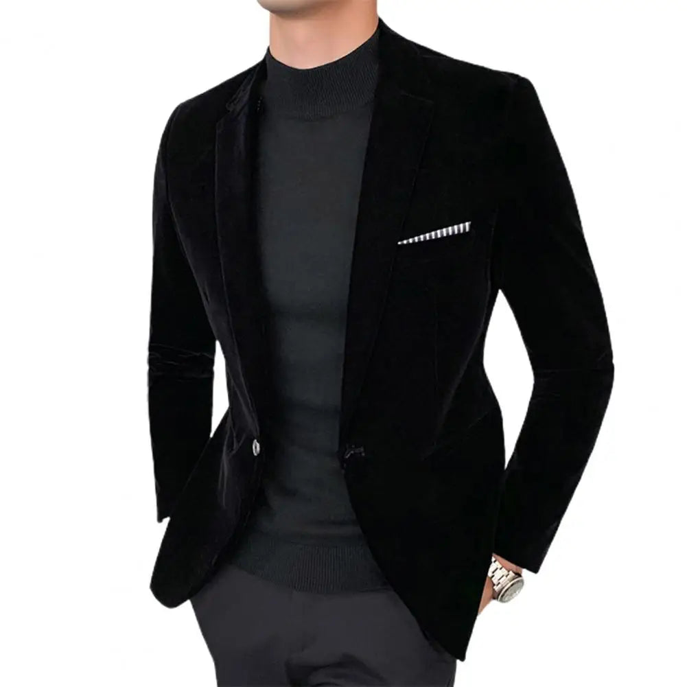 Spring Velvet Men Blazer Solid Color Temperament Suit Jacket Turndown Collar Long Sleeve Slim Fit Single Button Velvet Suit Coat
