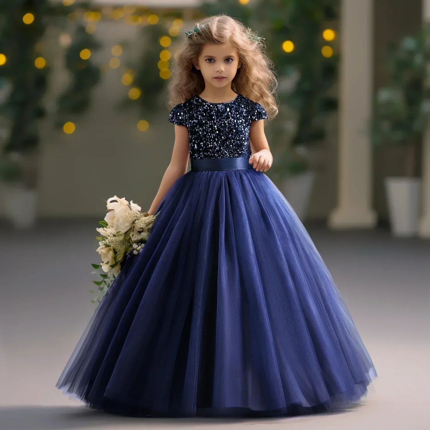 Puffy Girls Party Dress Elegant Kids Wedding Gala Prom Gown Sequin Bow