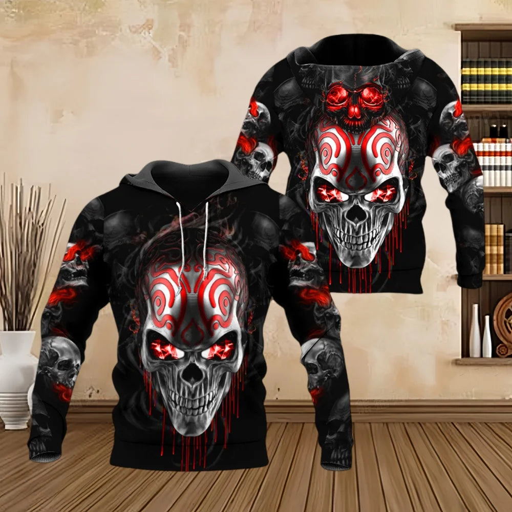 Fashion Men Hoodies Four Seasons Vintage Skull 3D Print Pullover Sweatshirts Men Comforts Kangaroo Pocket Y2k Hoodies Clothing