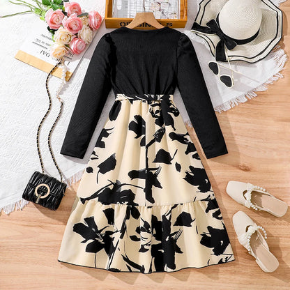 Children's Fashion Dress For Girls Black Long-Sleeved Printed Dress Elegant Style Dress