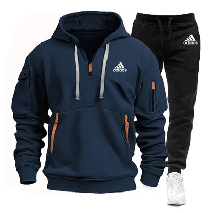 Autumn Men's Two-Piece Zipper Hooded Sweatpants Multi-Pocket