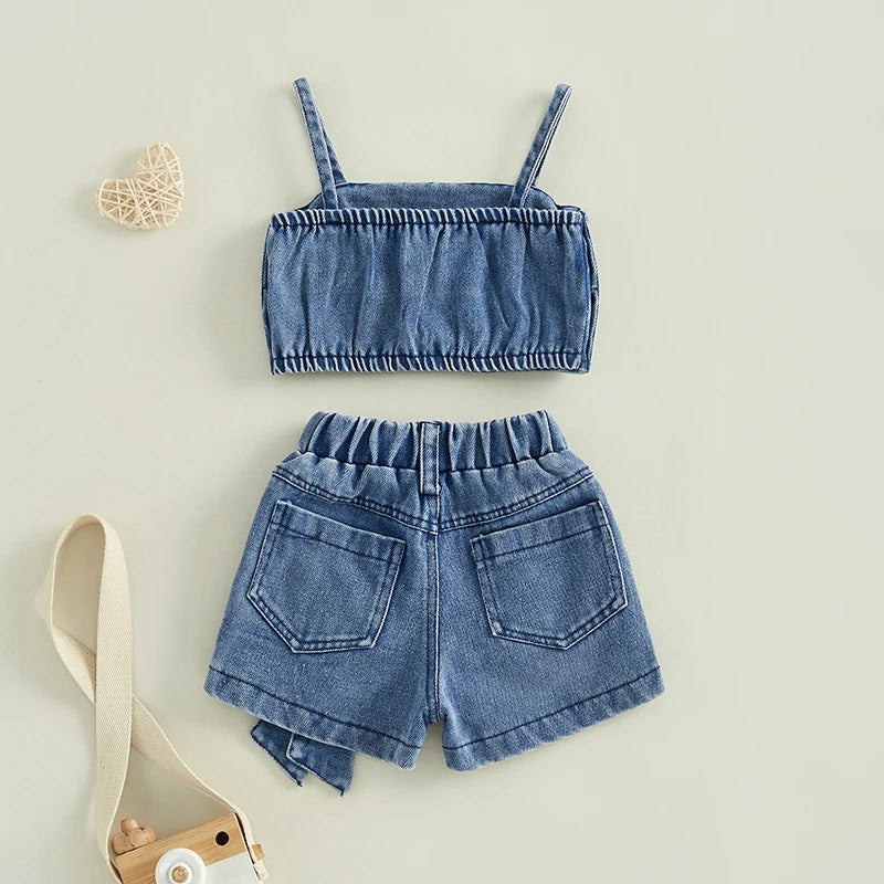 6M-5T Kids Girls 2Pcs Denim Clothes Set Sleeveless Crops Bow Tops Shorts