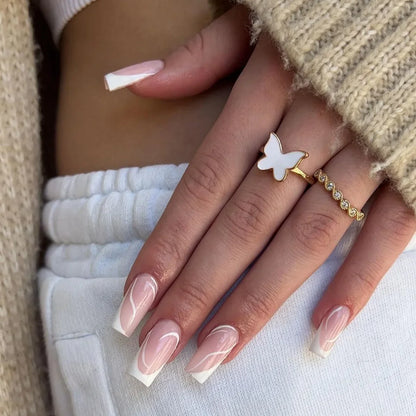 24Pcs Simple White French Press on Nails with Glue Long Ballet False Nails Wearable Coffin Fake Nails Full Cover Nail Tips