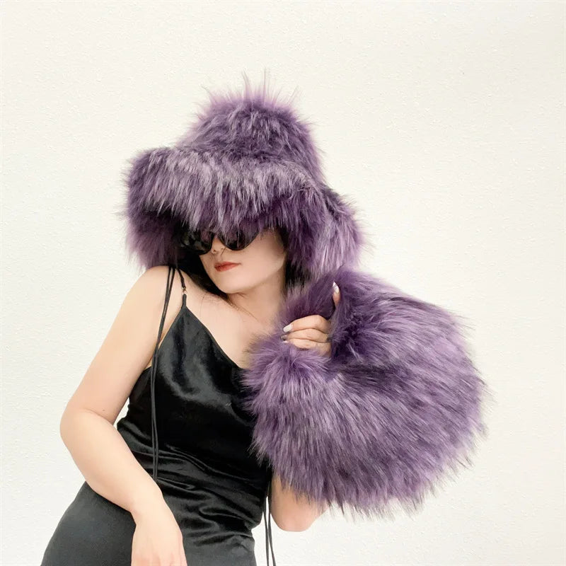 Fur bucket hat and bag set Women's warm plush autumn and winter hat Punk style imitation raccoon fur basin hat and handbag