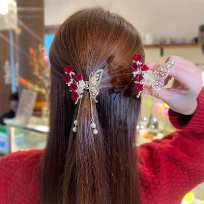 Exquisite Rhinestone Butterfly Fringe Hair Claw Clips Korean New Ponytail Braid Pearl Hairpin Girl Crab Metal Headdress Gift