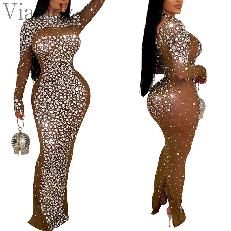 Women Sexy See Through Sheer Mesh Rhinestone Decor Long Sleeve Maxi Party Dress