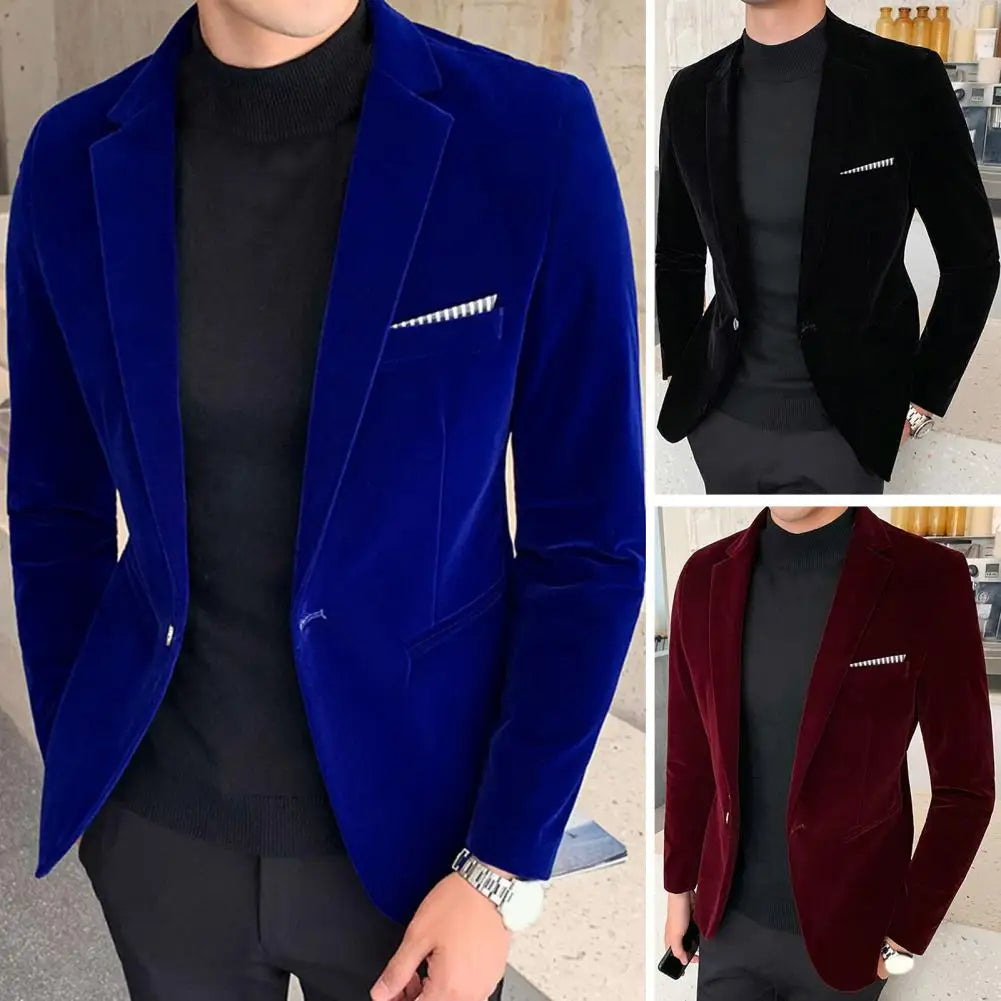 Spring Velvet Men Blazer Solid Color Temperament Suit Jacket Turndown Collar Long Sleeve Slim Fit Single Button Velvet Suit Coat