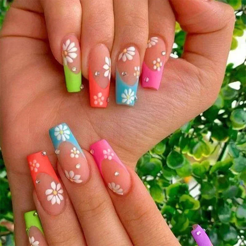 24Pcs wearable False Nails Long Coffin Press on Nails with Rhinestone colorful Flower Design Ballet artificial Fake Nails tips