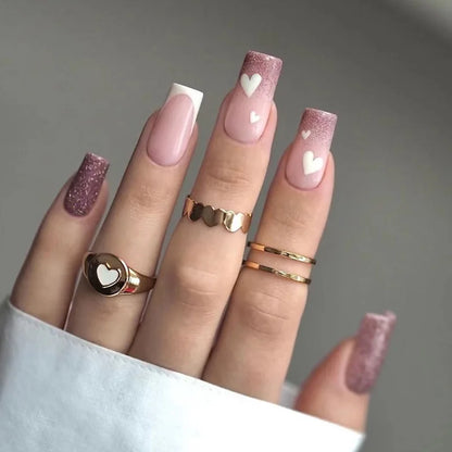 24Pcs Mid-length Ballet False Nails with White Wave Line Design Pink French Press on Nails Wearable Coffin Full Cover Fake Nail