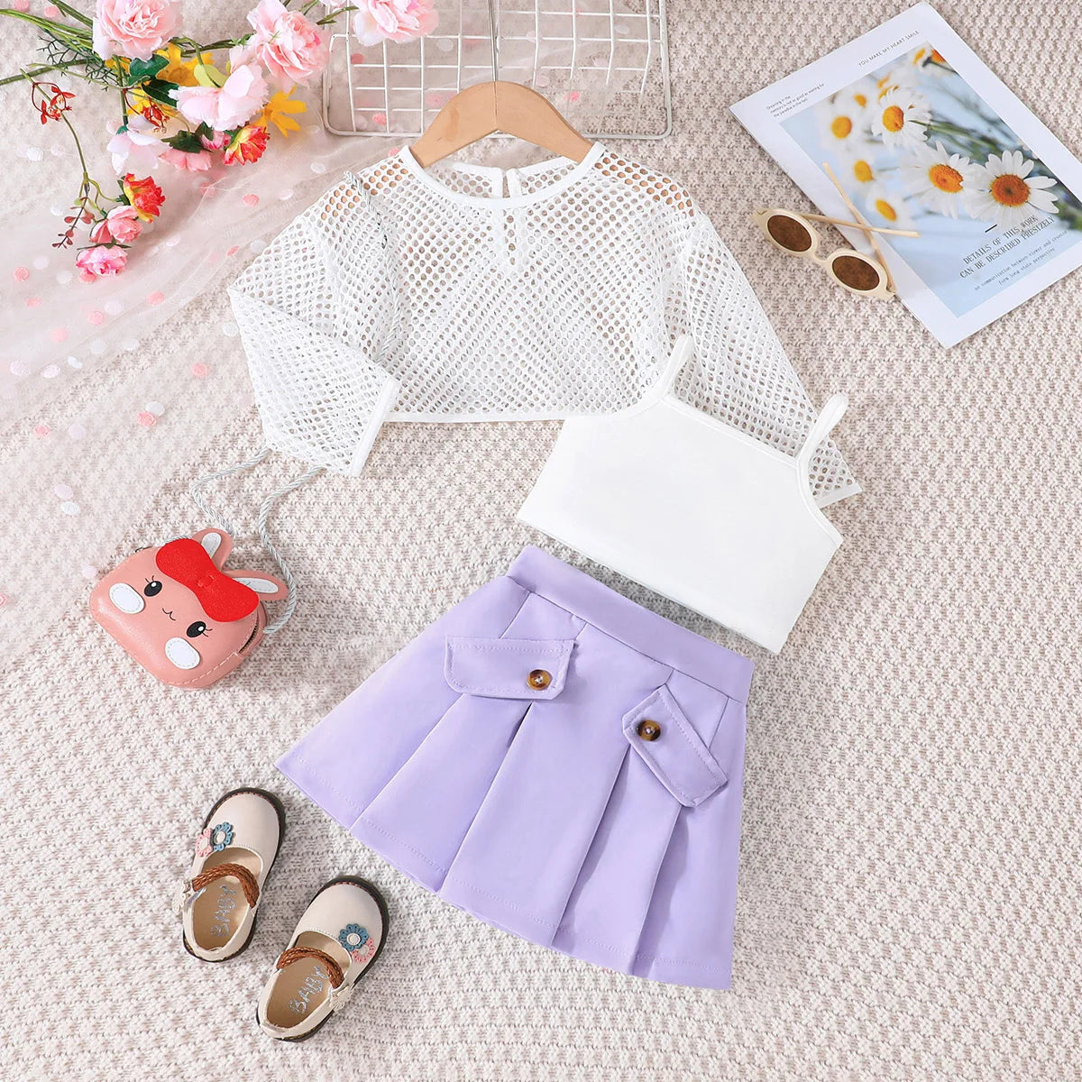 Fashion Hollow Top Vest and Pleated Skirt Summer Outfit Toddler Infant Fashion Clothing Formal Suit For Kids Girl