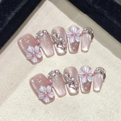 10Pcs Sweet Cute Handmade Press on Nails Flower Butterfly Fake Nails Glossy Diamond False Nails Full Cover Acrylic Nail Tips Art