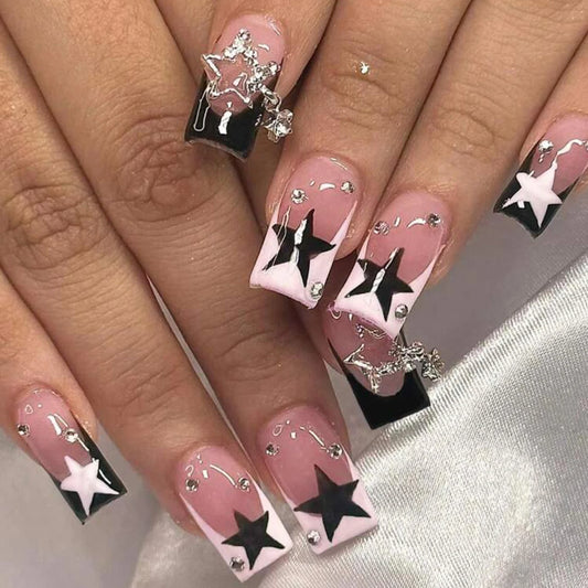 24Pcs Long Square Black French sparkling diamond star pendant Press on Nail