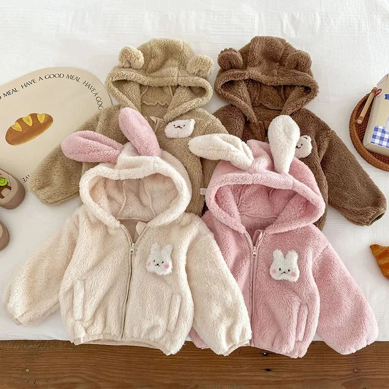 Cute Rabbit Ears Plush Baby Jacket Sweet Princess Girls Coat Autumn Winter Warm Hooded Outerwear Toddler Girl Clothes