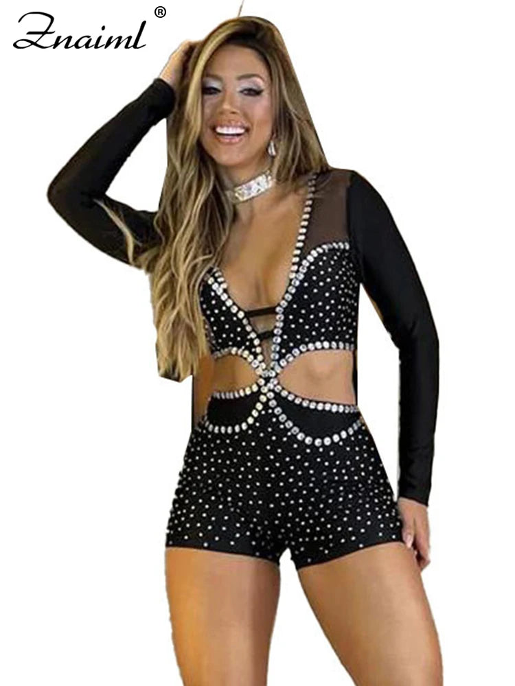 Zniaml Mesh Long Sleeve Party Night Bodycon Jumpsuit Shorts for Women Sexy Hollow Out Rhinestone Playsuit Birthday Prom Rompers