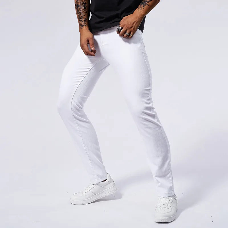 Summer new men's white casual versatile high elastic straight leg jeans with tight and stylish sports and fitness pants for men