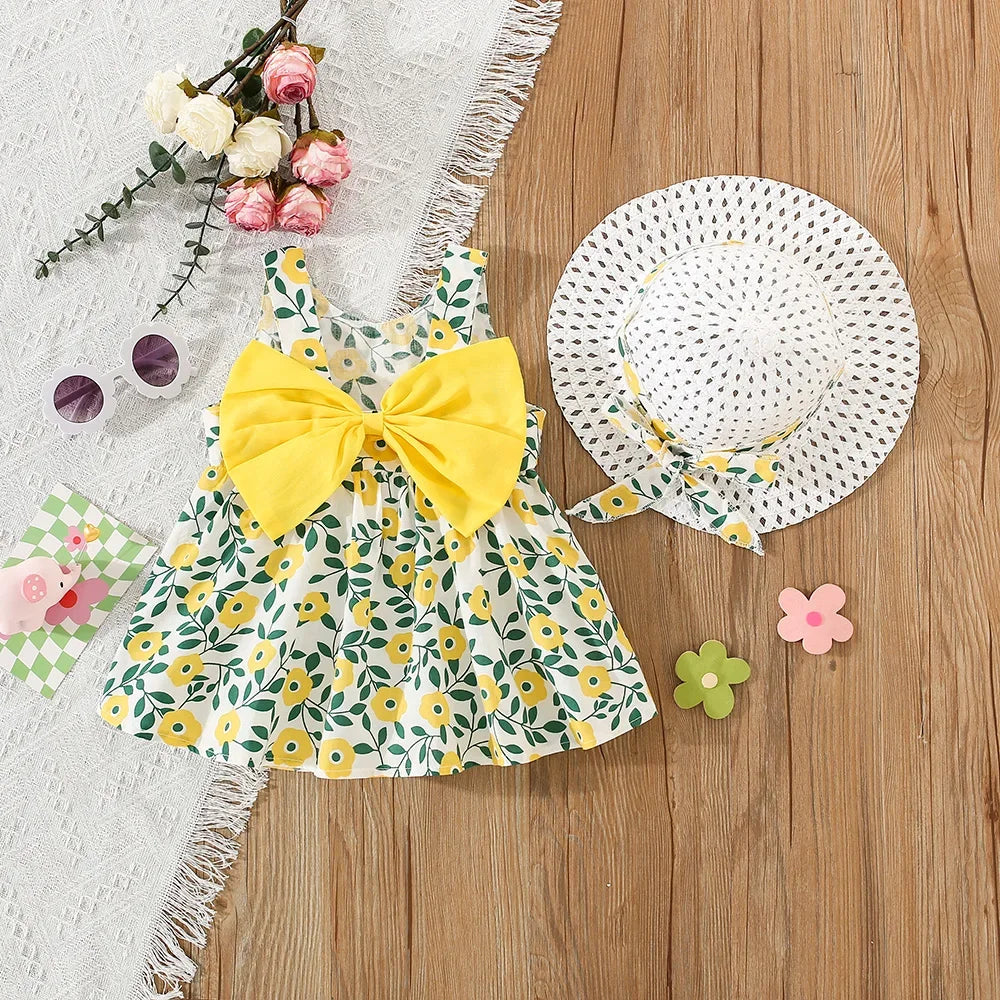 Summer New Girls Dress Halter Ribbon Ribbon Full Print Floral A-line Dress Birthday Party Team Dress + Hat Bow Ribbon