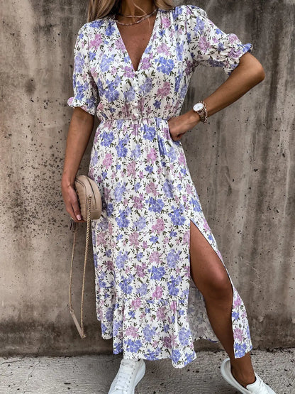 Summer Floral Print Dress Women V Neck Side Slit Long Dress Elegant Short Sleeve Button Slim Spring Female Party Dress Vestidos