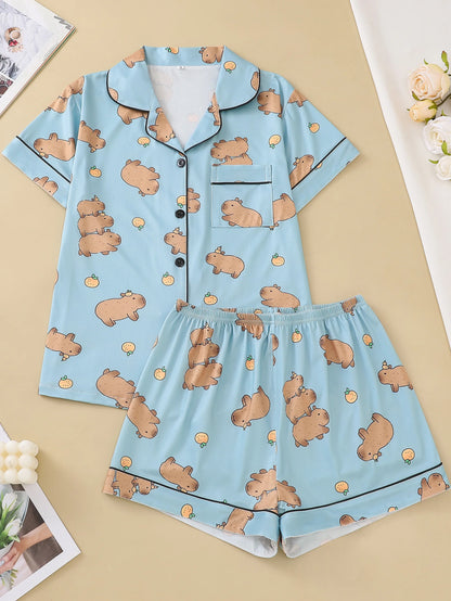 Two-piece set of women's pajamas lapel top and trousers Groundhog summer casual women's pajamas home clothes