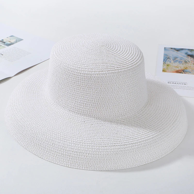 2024 New Summer Sun Hats Ladies Solid Plain Elegant Wide Brim Hat Female Round Top Panama Floppy Straw Beach Hat Women лето