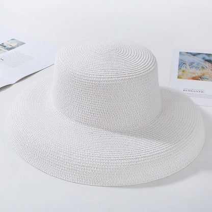 2024 New Summer Sun Hats Ladies Solid Plain Elegant Wide Brim Hat Female Round Top Panama Floppy Straw Beach Hat Women лето