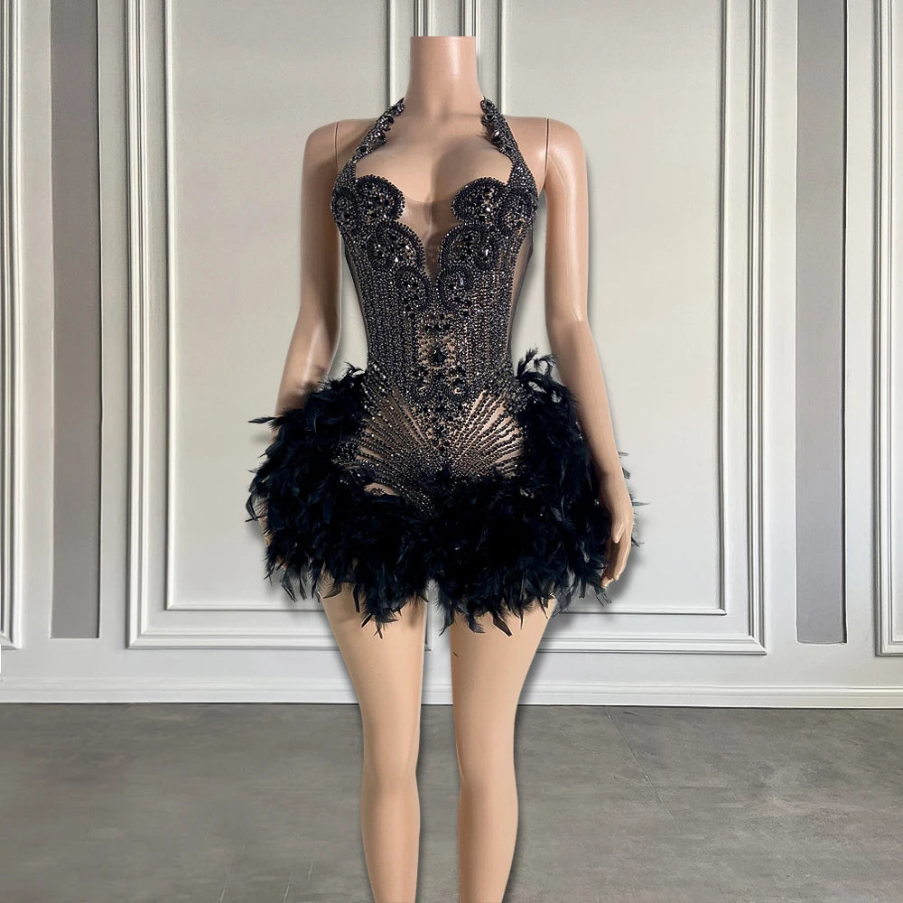 Luxury Rhinestone Black Girls Short Prom Dresses 2025 See Through Red Diamond Feathers Dress