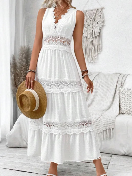 Women's White Party Dress Fashion Lace V-neck Ruffle Hook Flower Hollow Waist Maxi  Dresses