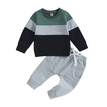 Pudcoco Toddler Baby Boy Fall Winter Clothes Color Block Long Sleeve Sweatshirt Pullover Top Pants Sweatsuit Set Outfits 0-3T