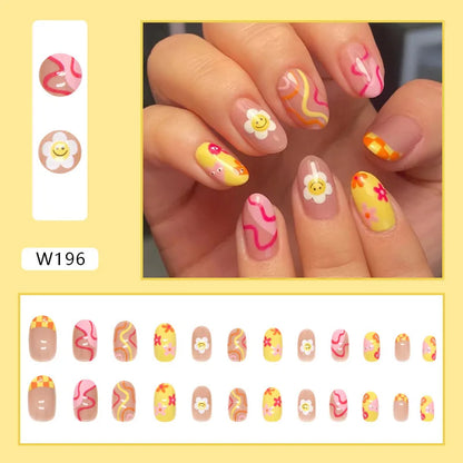 24pcs/Box Ballerina Nail Tip Purple with Design Manicure Patches Fresh Floral Almond False Nails Press on Med Nails Detachable