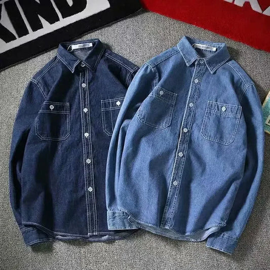 Japanese Vintage Denim Long Sleeve Shirt Men's Autumn Casual Loose-Fit Jacket Top Electric Welding Work Shirt Plus Size Shirt