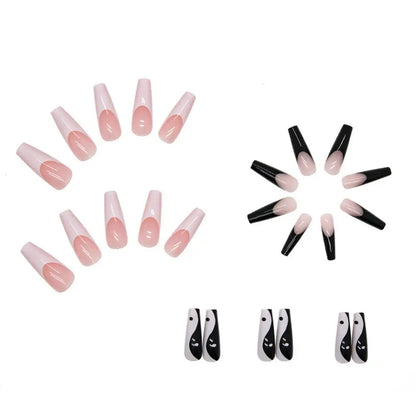 24Pcs Long Coffin False Nails White Black Designs Wearable French Ballerina Fake Nails Press On Full Cover Manicure Nail Tips
