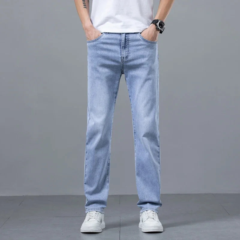 Spring Summer New Business Jeans Blue and Gray for Men Stretch Straight Comfortable Casual Denim Long Pants Classic Style Male