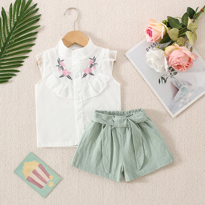 (0-3 Years Old) Summer Baby Girl Cotton Flower Embroidery Sleeveless Top And Shorts Two-Piece Set Of Cute Girl Shirt Top And Sho