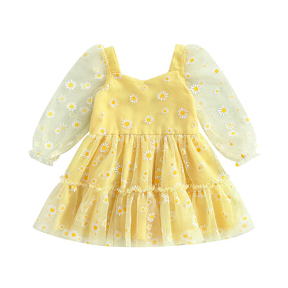 Pudcoco Infant Baby Girl Princess A-Line Dress Elegant Daisy Print Long Sleeves Mesh Tulle Party Dress for Toddler 3M-3T