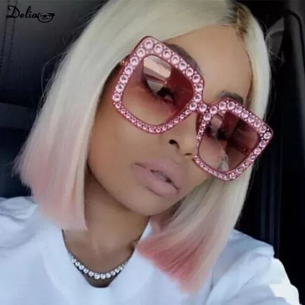 Glitter Women Sunglasses Brand Design Flash Square Shades Mirror Female Sun Glasses Bezel Bling Rhinestones