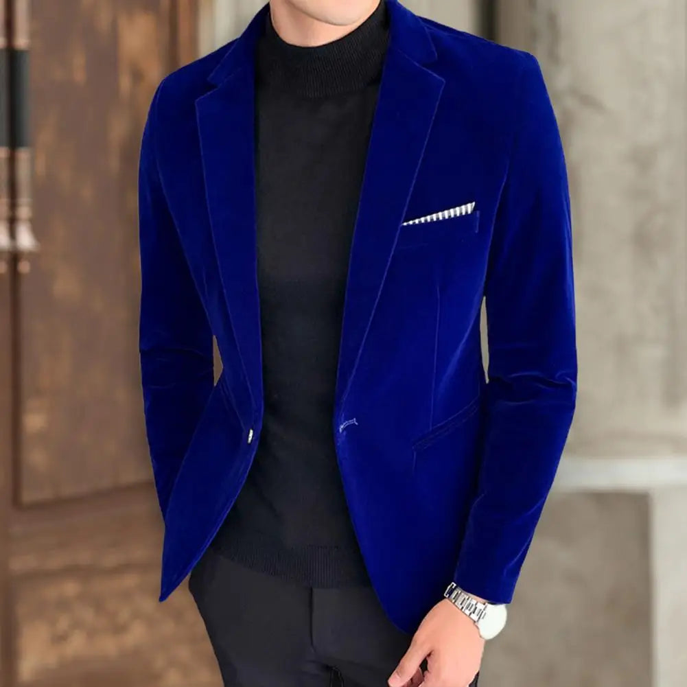 Spring Velvet Men Blazer Solid Color Temperament Suit Jacket Turndown Collar Long Sleeve Slim Fit Single Button Velvet Suit Coat