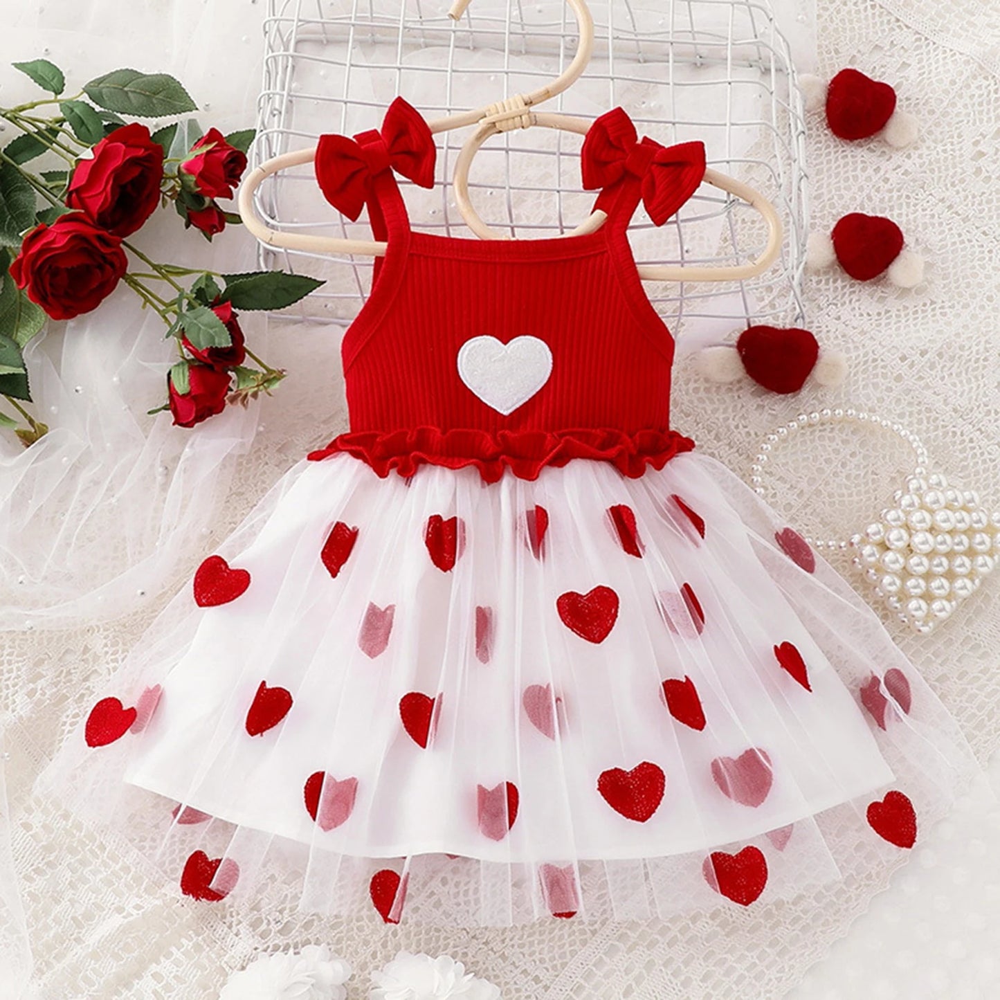 Lovely Toddler Girl Sleeveless Mesh Dress Heart Embroidery Square Neck Tulle Princess Dresses Valentines Day Clothes