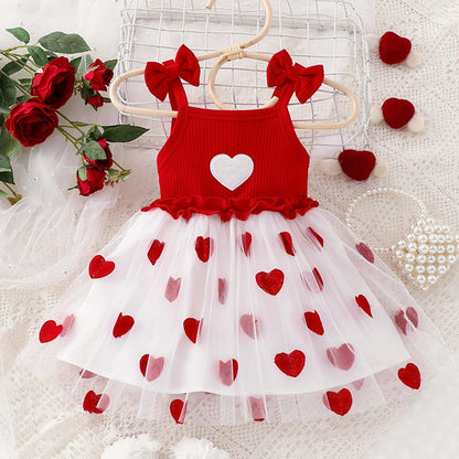 Lovely Toddler Girl Sleeveless Mesh Dress Heart Embroidery Square Neck Tulle Princess Dresses Valentines Day Clothes