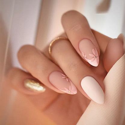 24Pcs Mid-length False Nails with Almond Head Design Brown Gold Lines Fake Nails Oval Wearable French Press on Nail Tips
