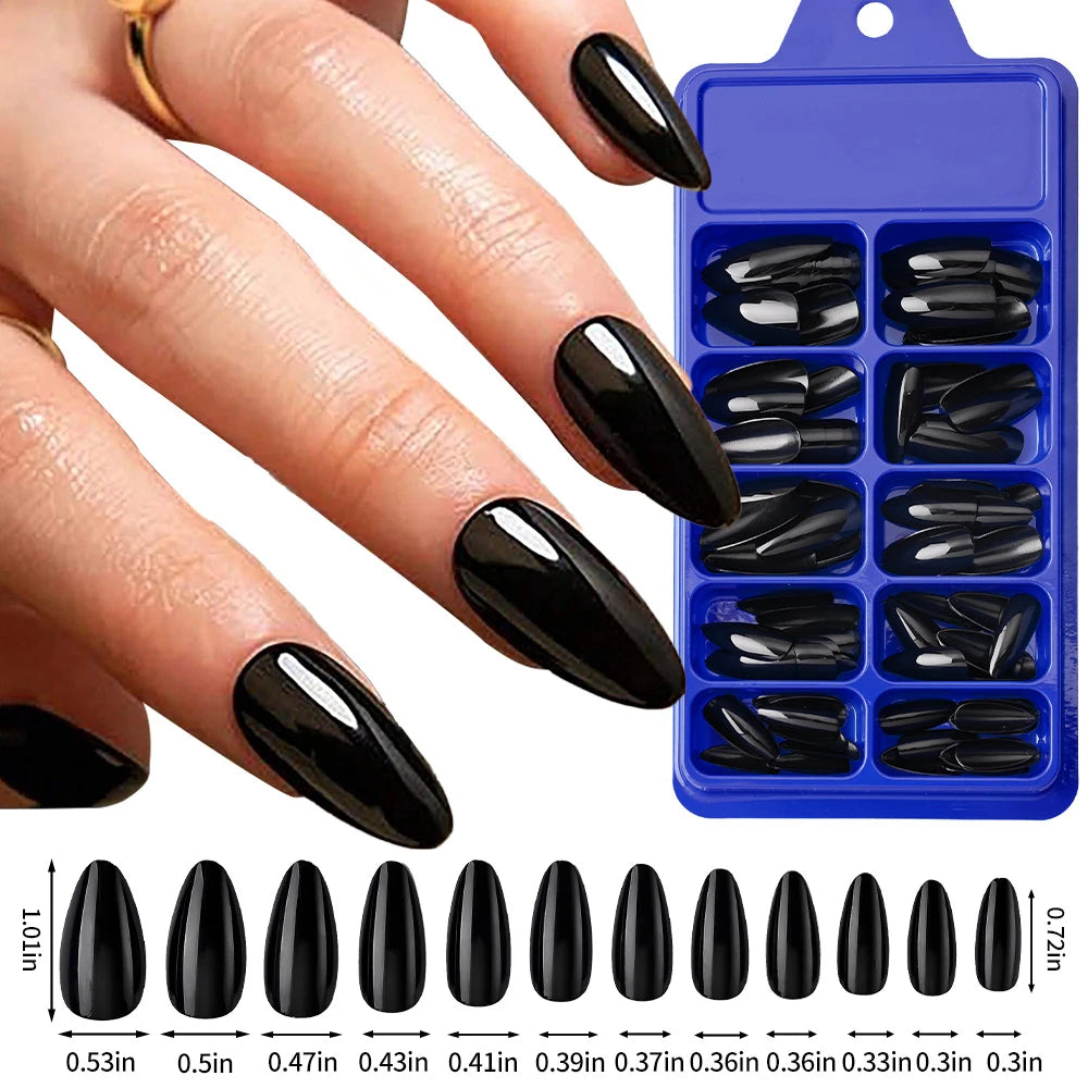 100Pcs Almond Press on Nails Medium Length Nails Black Matte