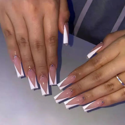 24Pcs Simple White French Press on Nails with Glue Long Ballet False Nails Wearable Coffin Fake Nails Full Cover Nail Tips
